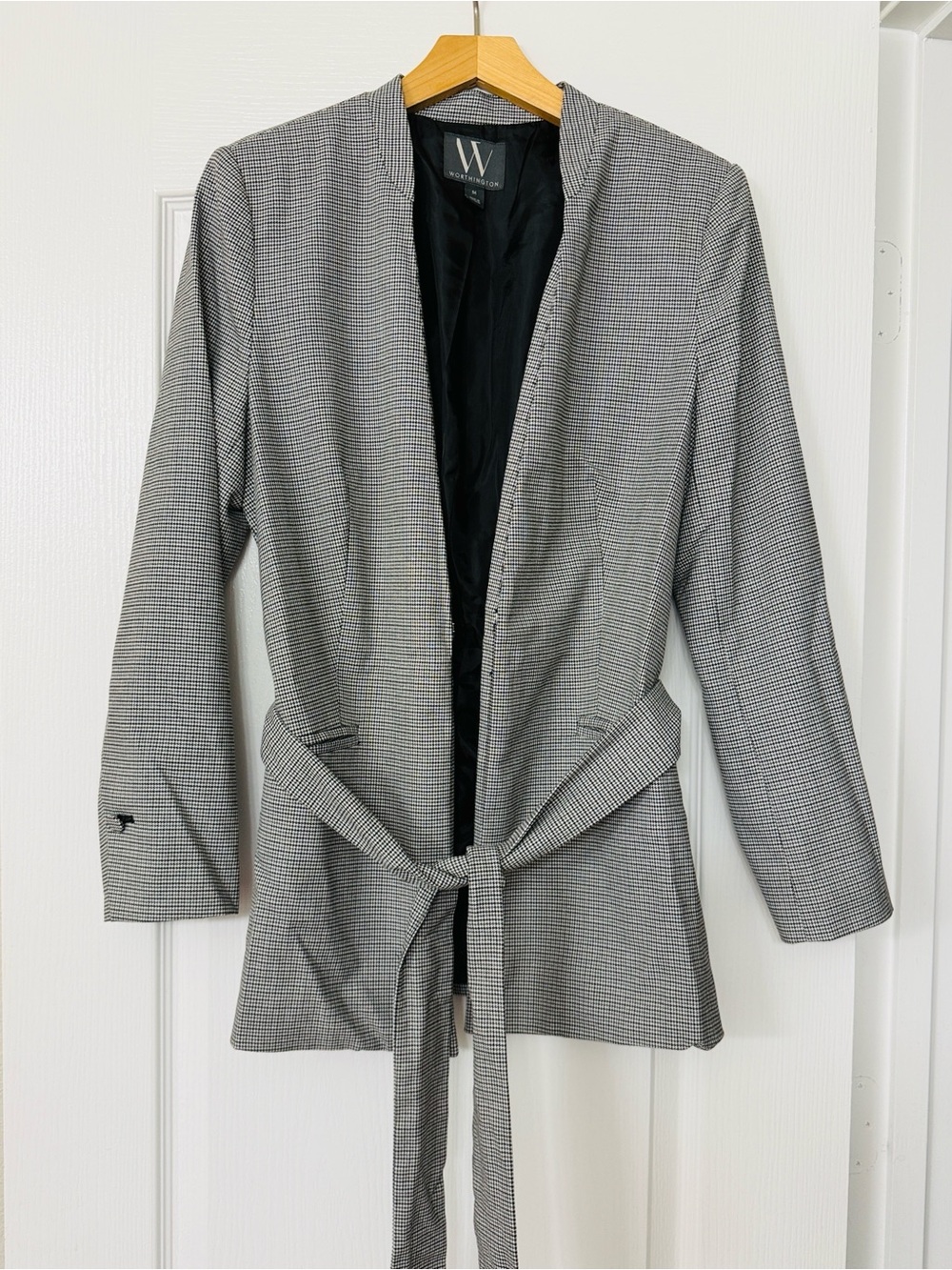 Worthington • Houndstooth Belted Blazer Jacket Black White Size M